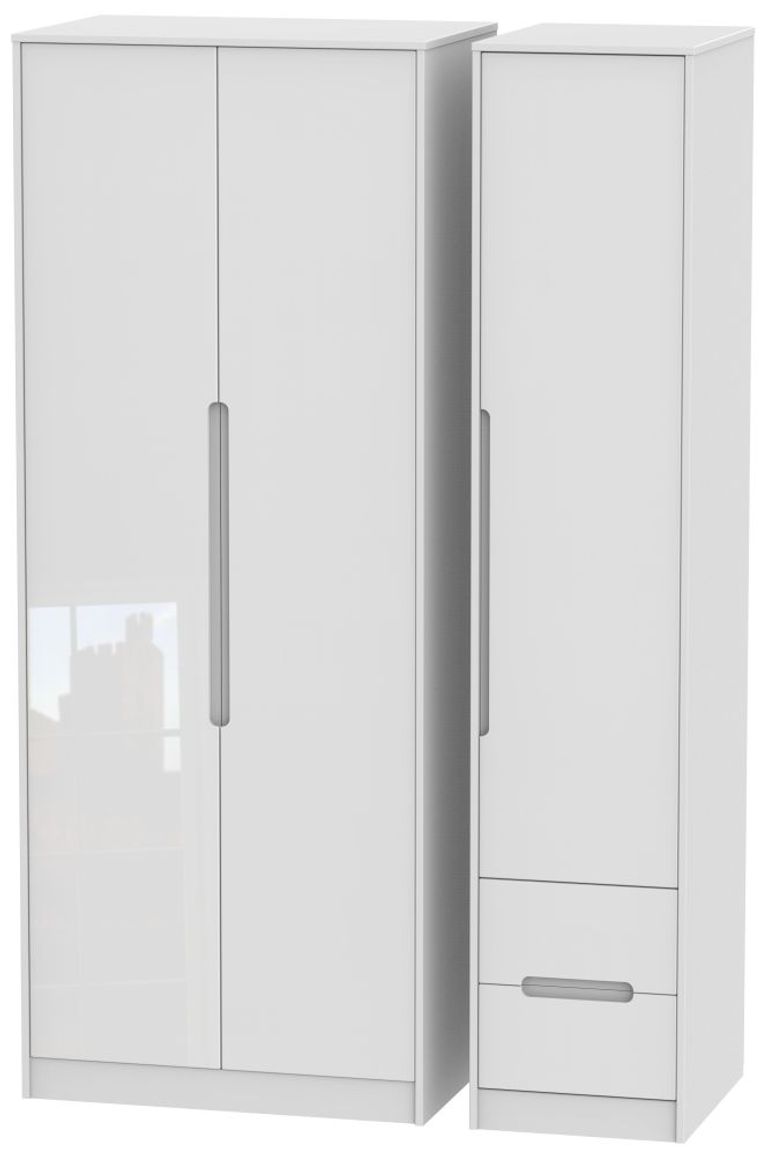 Monaco White Gloss 3 Door Tall Triple Wardrobe - RHF 2 Drawers