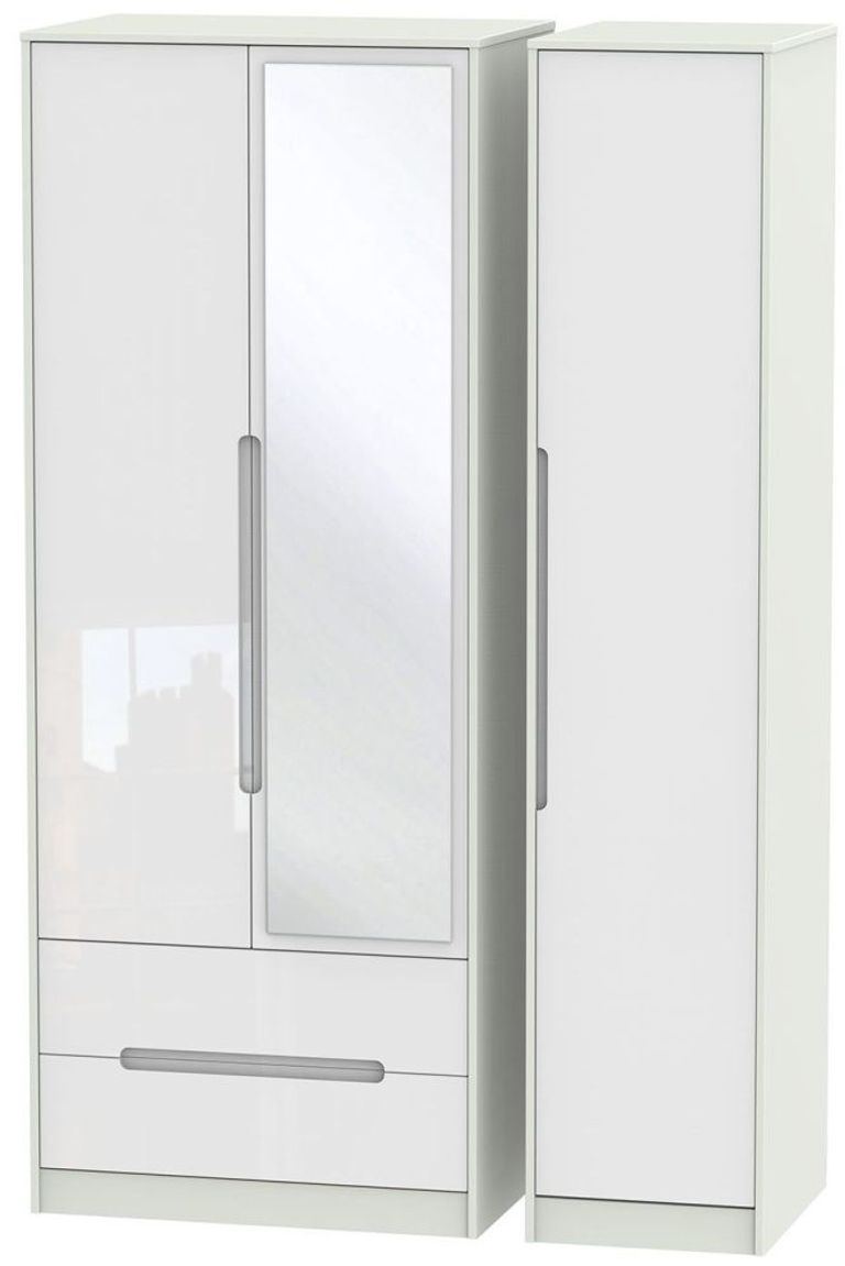Monaco White Gloss and Cashmere 3 Door Tall Combi Wardrobe - 1 Mirror and LHF 2 Drawers