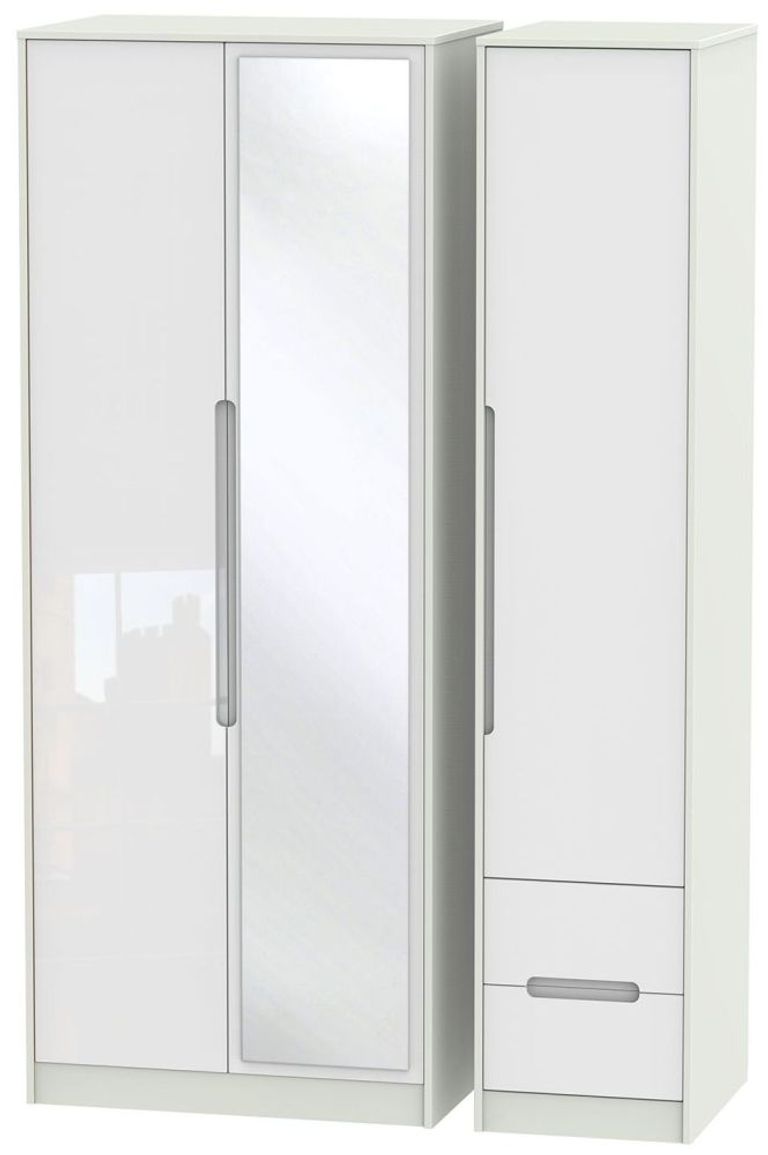 Monaco White Gloss and Cashmere 3 Door Tall Combi Wardrobe - 1 Mirror and RHF 2 Drawers