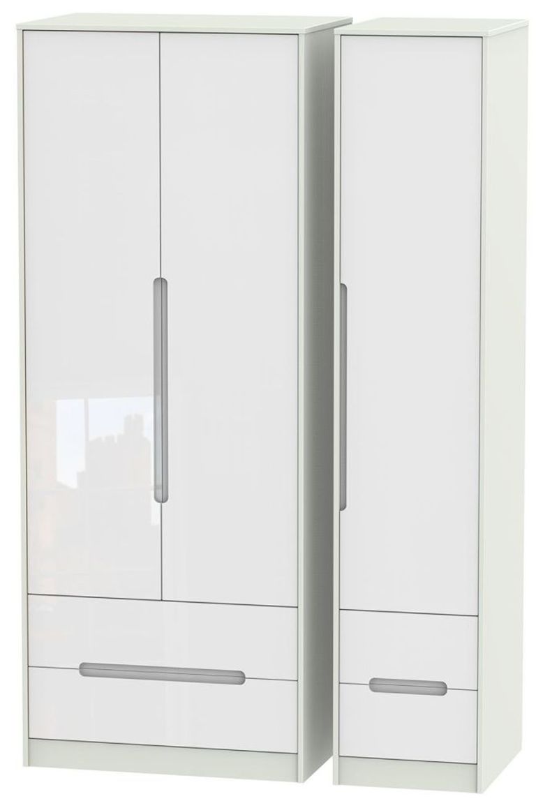 Monaco White Gloss and Cashmere 3 Door Tall Triple Wardrobe - 4 Drawers