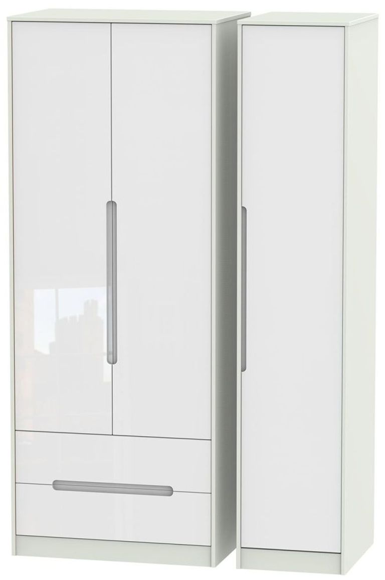 Monaco White Gloss and Cashmere 3 Door Tall Triple Wardrobe - LHF 2 Drawers