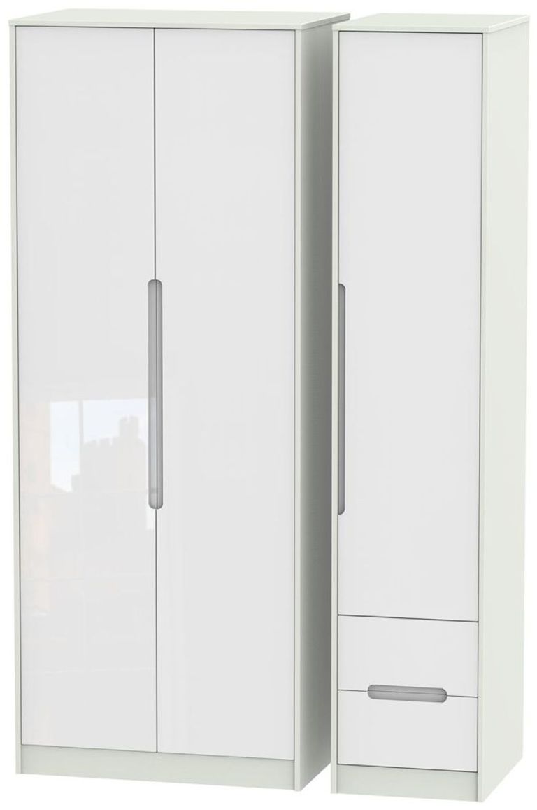 Monaco White Gloss and Cashmere 3 Door Tall Triple Wardrobe - RHF 2 Drawers