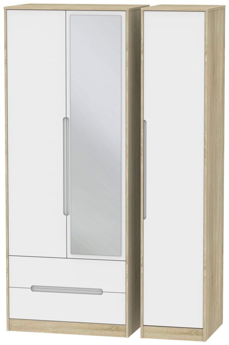 Monaco White Matt and Oak Effect 3 Door Tall Combi Wardrobe - 1 Mirror and LHF 2 Drawers