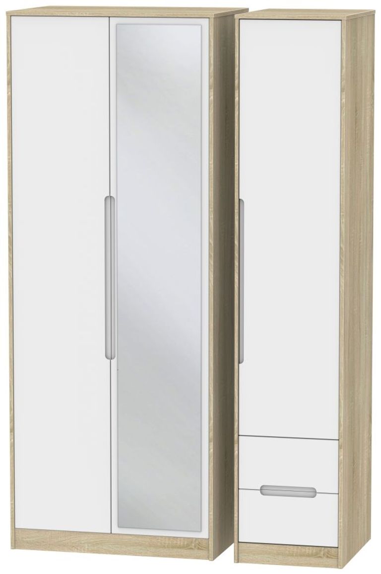 Monaco White Matt and Oak Effect 3 Door Tall Combi Wardrobe - 1 Mirror and RHF 2 Drawers
