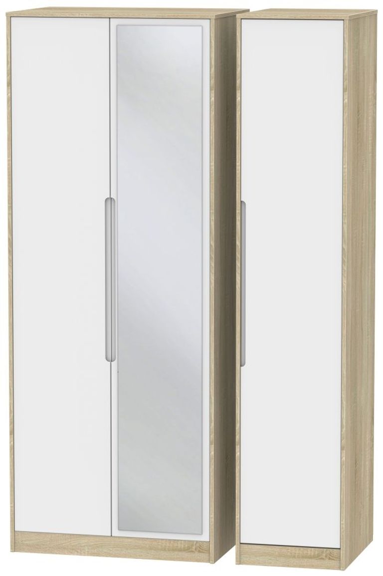 Monaco White and Oak Effect 3 Door Tall Triple Wardrobe - 1 Mirror