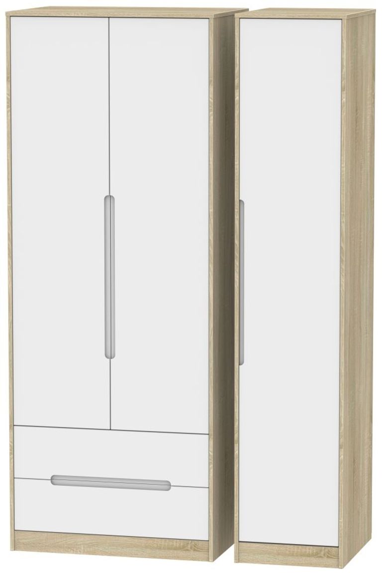 Monaco White and Oak Effect 3 Door Tall Triple Wardrobe - LHF 2 Drawers