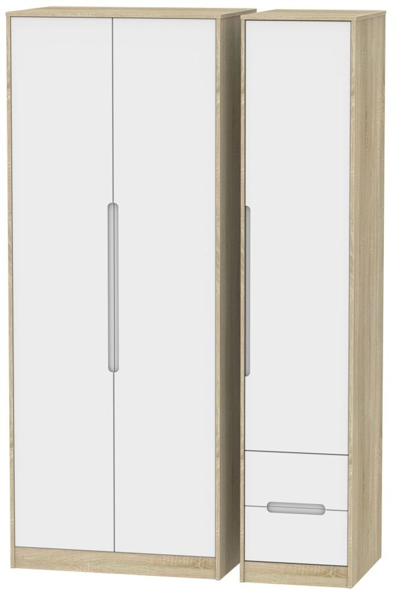 Monaco White and Oak Effect 3 Door Tall Triple Wardrobe - RHF 2 Drawers