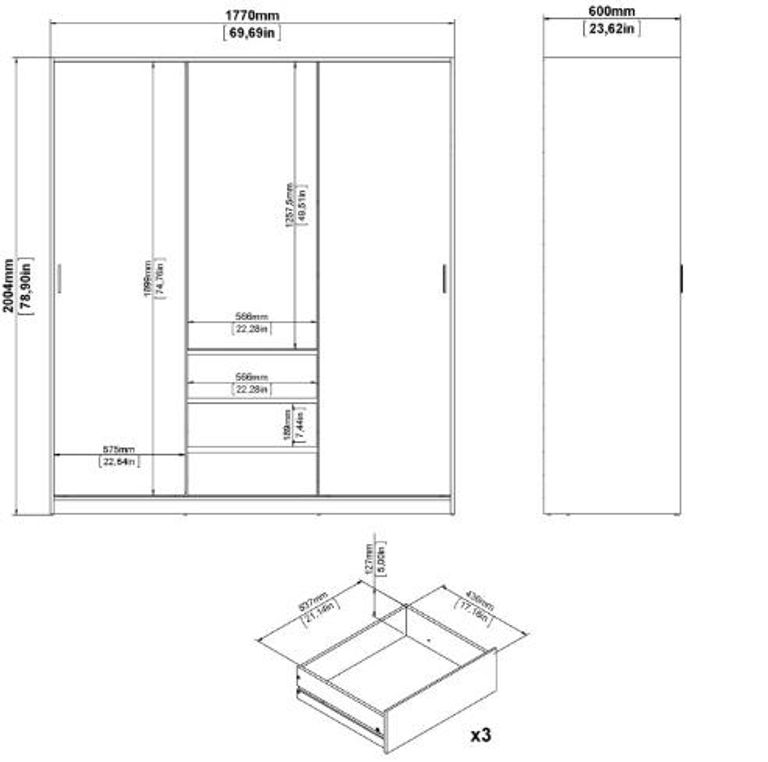 Naia Oak Effect 3 Door 3 Drawer Wardrobe