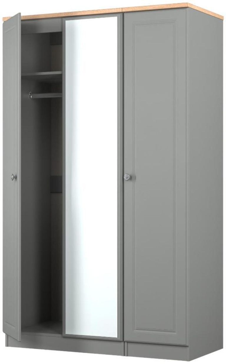 Norfolk Grey and Oak Effect 3 Door Triple Wardrobe - 1 Mirror