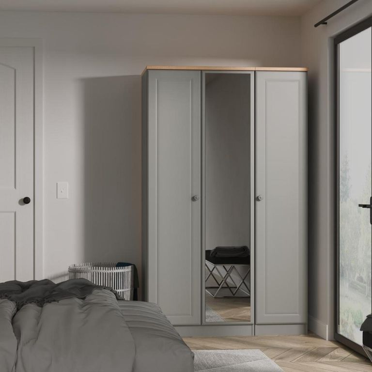 Norfolk Grey and Oak Effect 3 Door Triple Wardrobe - 1 Mirror