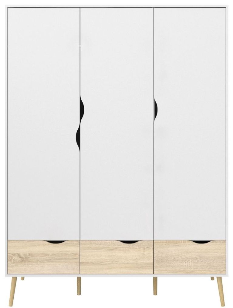 Oslo White and Oak Effect 3 Door 3 Drawer Wardrobe