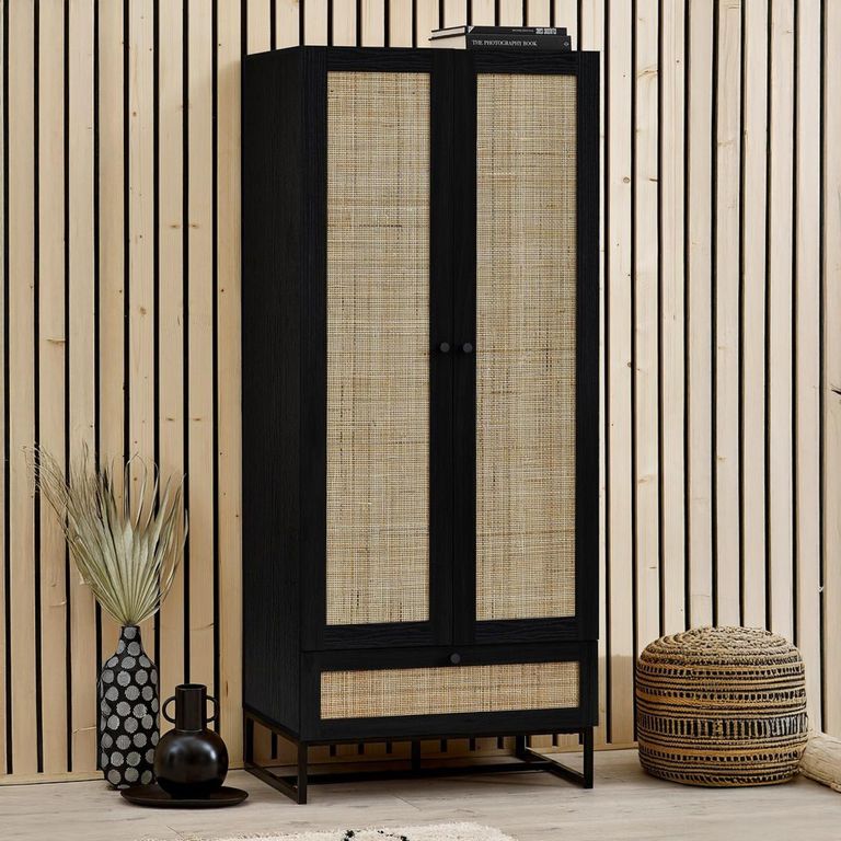 Padstow Double Wardrobe - 2 Door - 1 Drawer - Black and Rattan