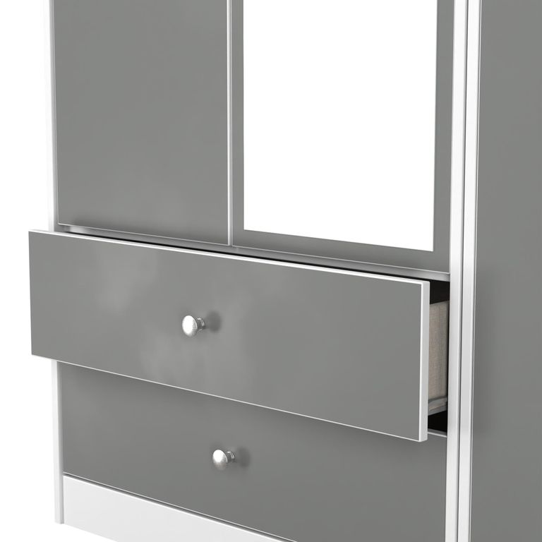 Padstow Grey and White 3 Door Tall Combi Wardrobe - 1 Mirror and LHF 2 Drawers