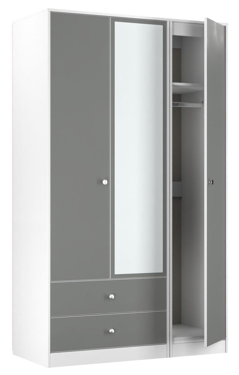 Padstow Grey and White 3 Door Tall Combi Wardrobe - 1 Mirror and LHF 2 Drawers