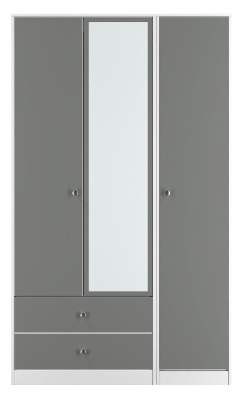 Padstow Grey and White 3 Door Tall Combi Wardrobe - 1 Mirror and LHF 2 Drawers