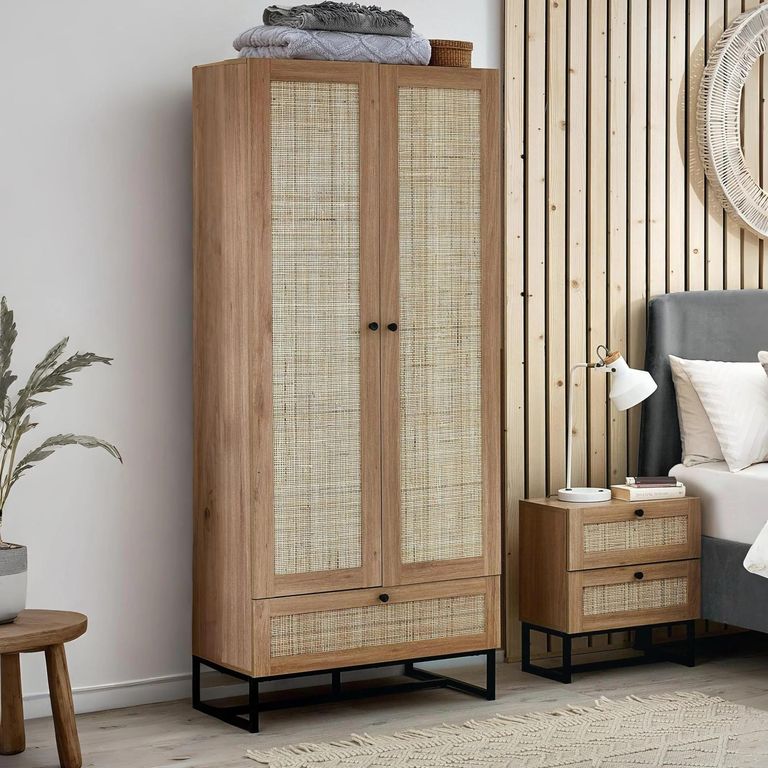 Padstow Double Wardrobe - 2 Door - 1 Drawer - Oak and Rattan