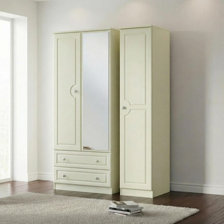 Pembroke Wardrobe - 3 Door - 1 Mirror - LHF 2 Drawers - Combi - Cream