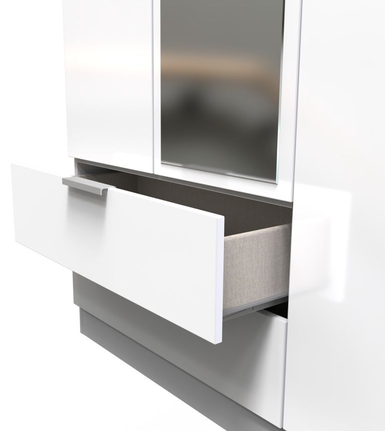 Plymouth White Gloss 3 Door Tall Combi Wardrobe - 1 Mirror and LHF 2 Drawers