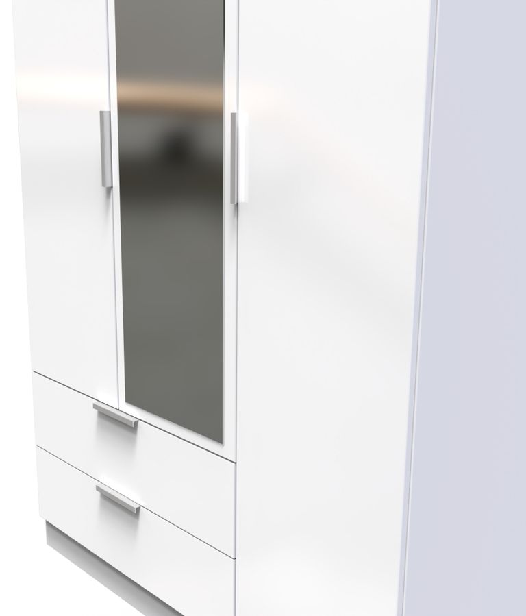 Plymouth White Gloss 3 Door Tall Combi Wardrobe - 1 Mirror and LHF 2 Drawers