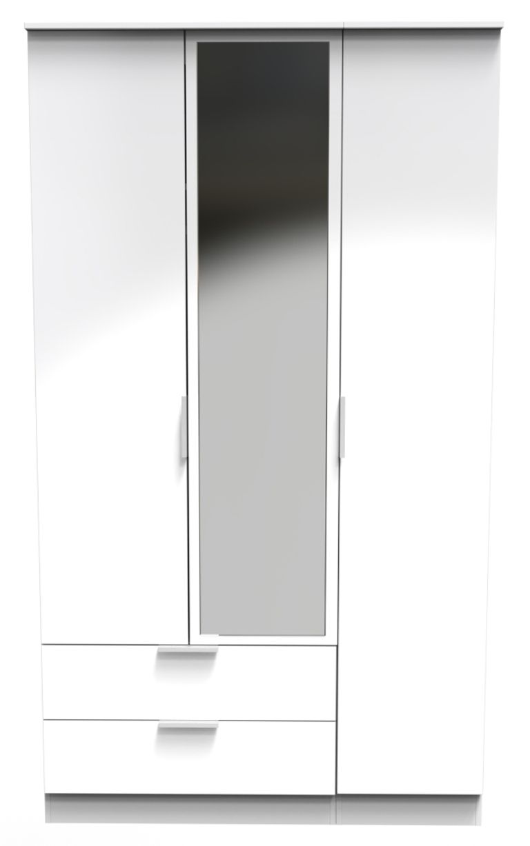 Plymouth White Gloss 3 Door Tall Combi Wardrobe - 1 Mirror and LHF 2 Drawers