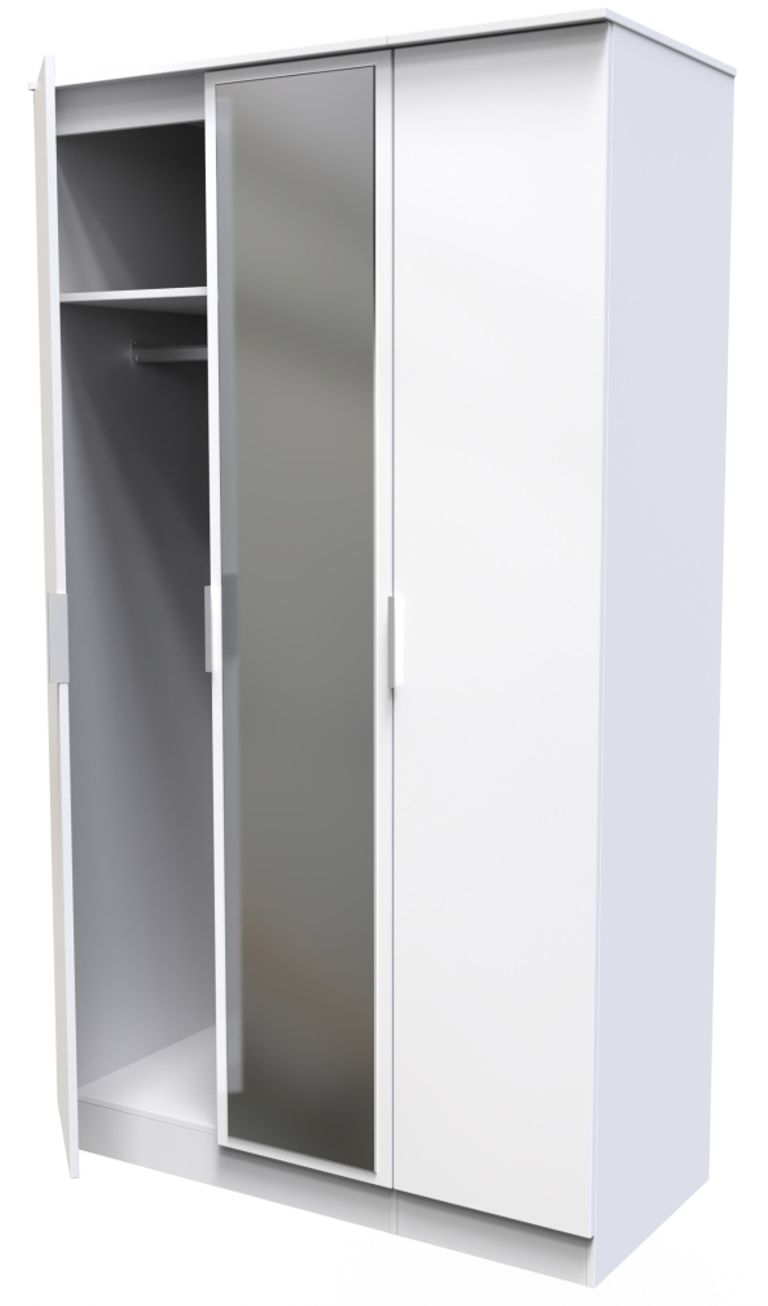 Plymouth White Gloss 3 Door Tall Triple Wardrobe - 1 Mirror