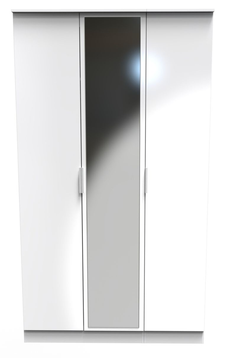 Plymouth White Gloss 3 Door Tall Triple Wardrobe - 1 Mirror