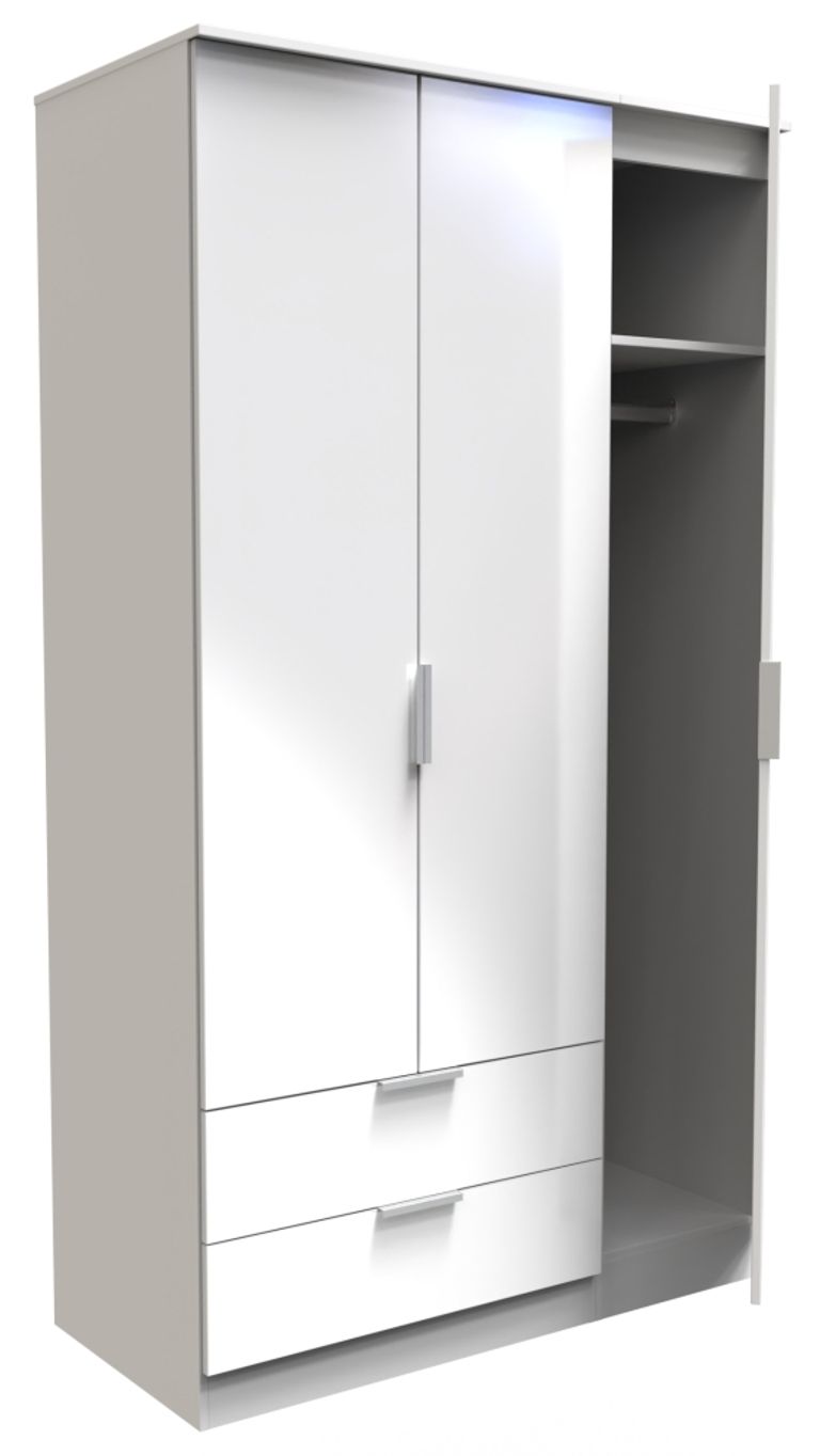 Plymouth White Gloss 3 Door Tall Triple Wardrobe - LHF 2 Drawers
