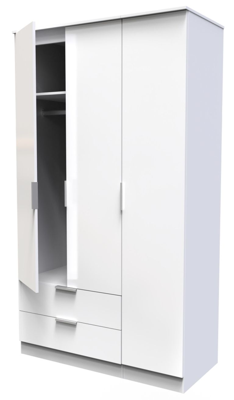 Plymouth White Gloss 3 Door Tall Triple Wardrobe - LHF 2 Drawers