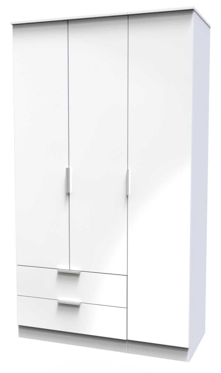 Plymouth White Gloss 3 Door Tall Triple Wardrobe - LHF 2 Drawers