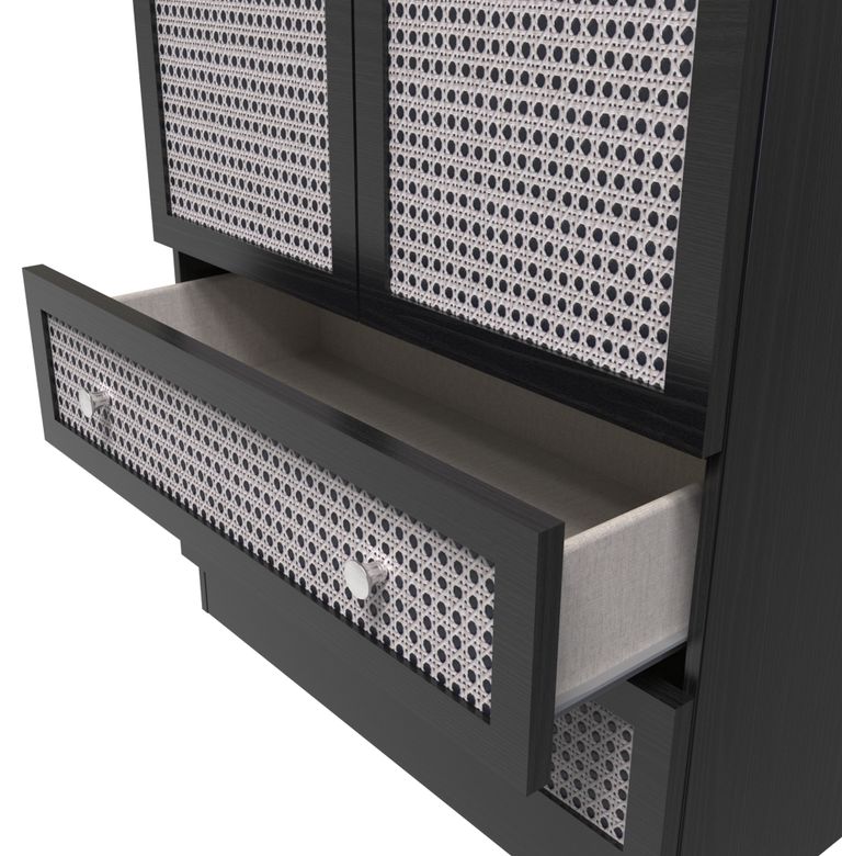 Rattan and Black Ash 2 Door 2 Drawer Tall Wardrobe
