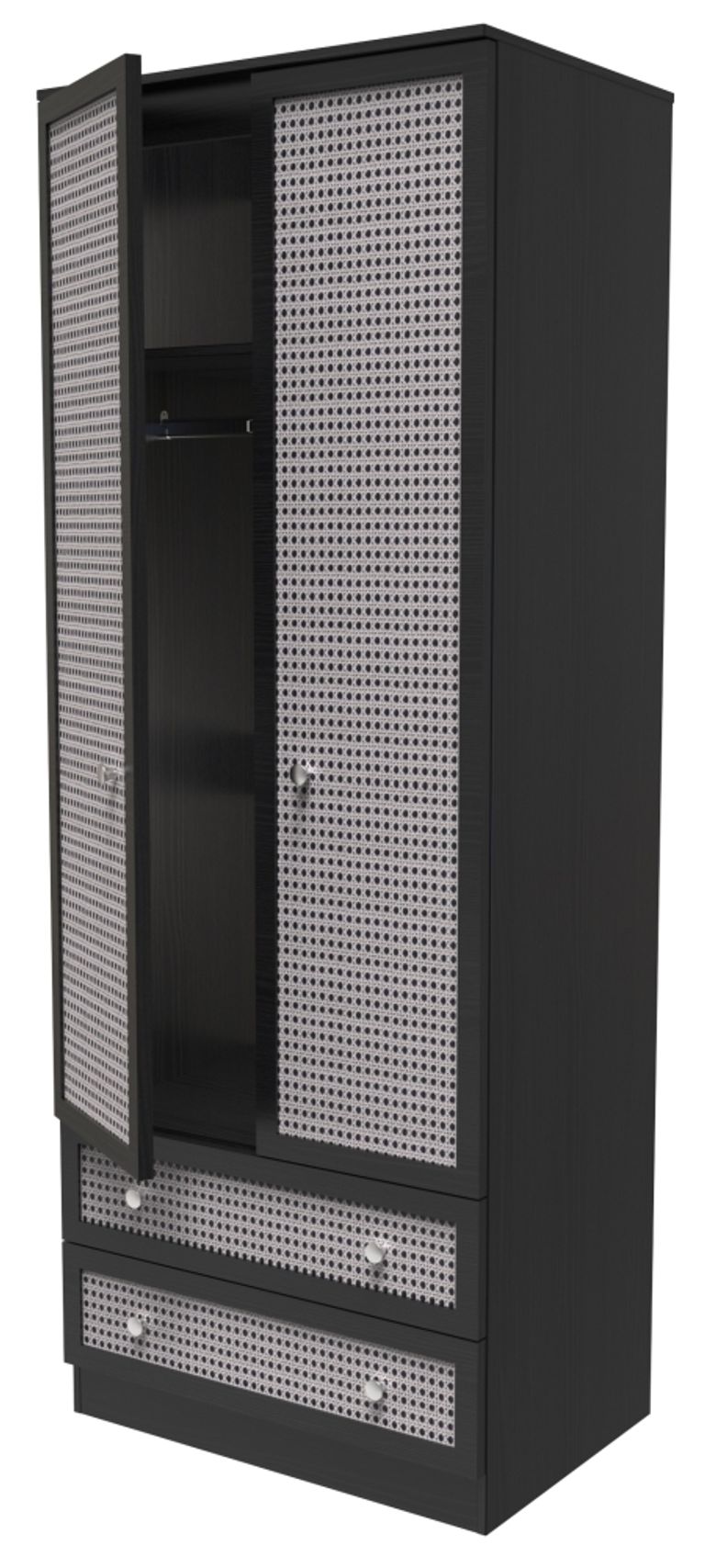 Rattan and Black Ash 2 Door 2 Drawer Tall Wardrobe