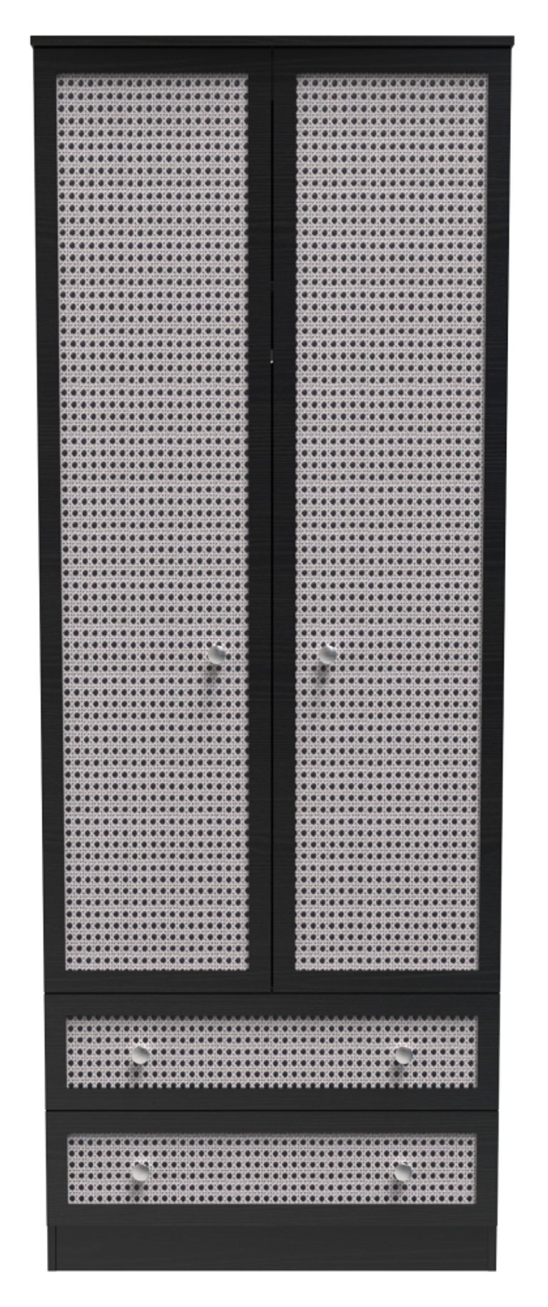 Rattan and Black Ash 2 Door 2 Drawer Tall Wardrobe