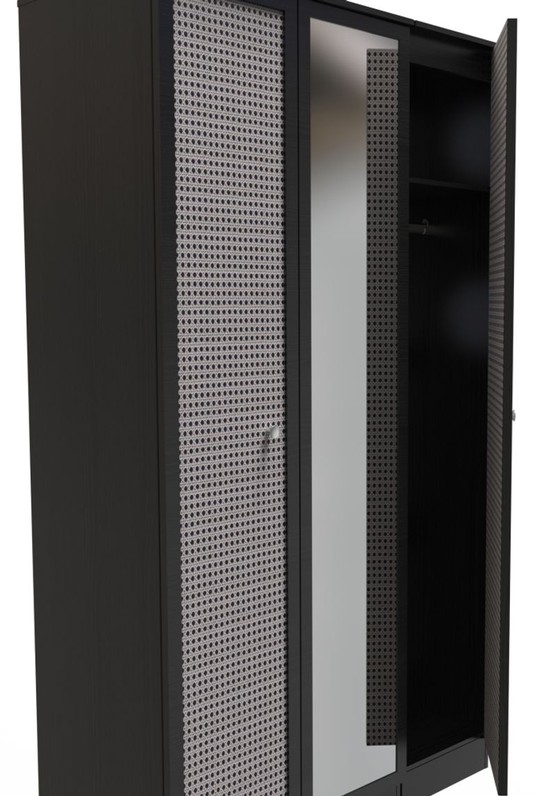 Rattan and Black Ash 3 Door Triple Wardrobe - 1 Mirror