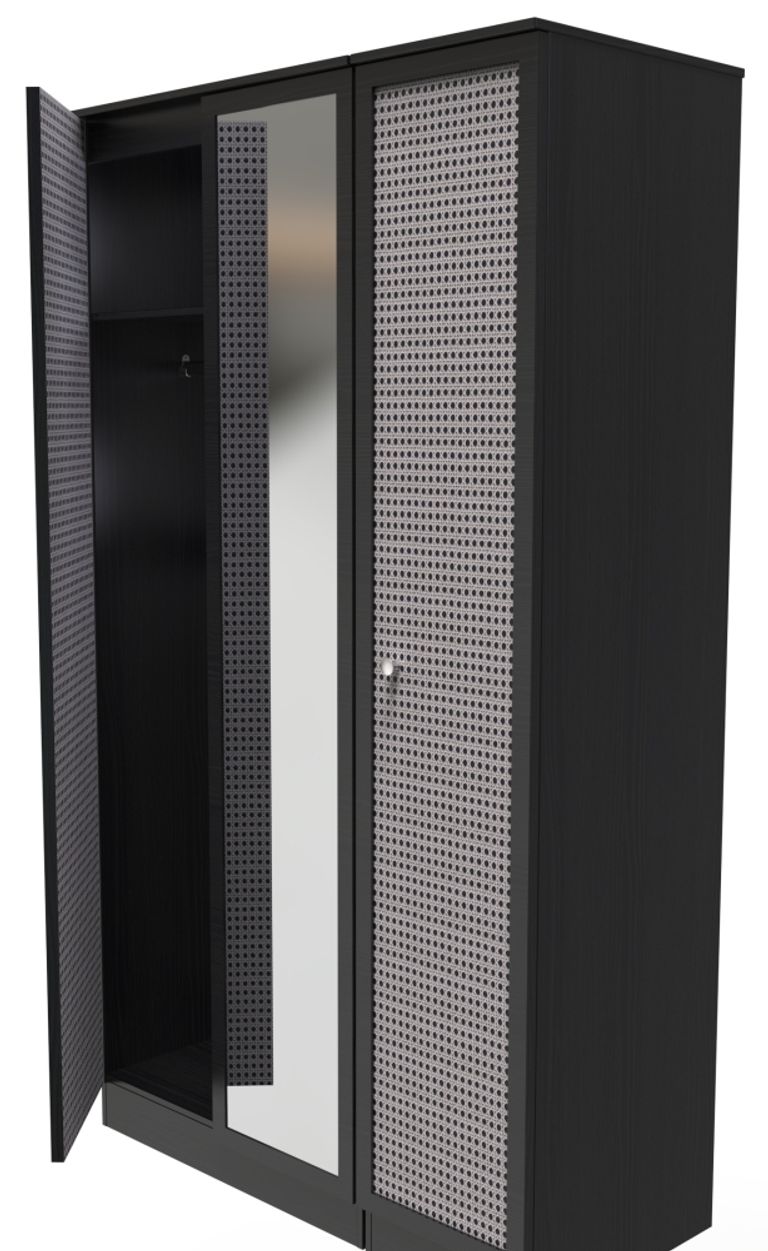 Rattan and Black Ash 3 Door Triple Wardrobe - 1 Mirror