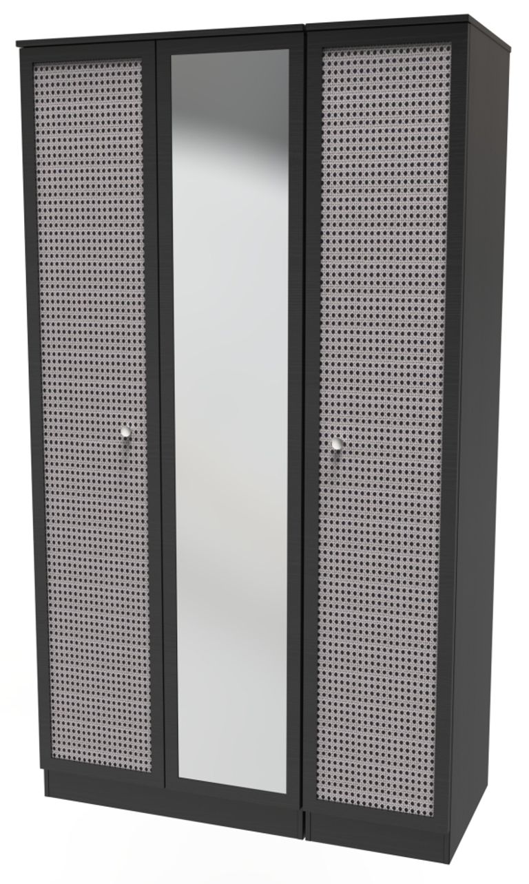 Rattan and Black Ash 3 Door Triple Wardrobe - 1 Mirror