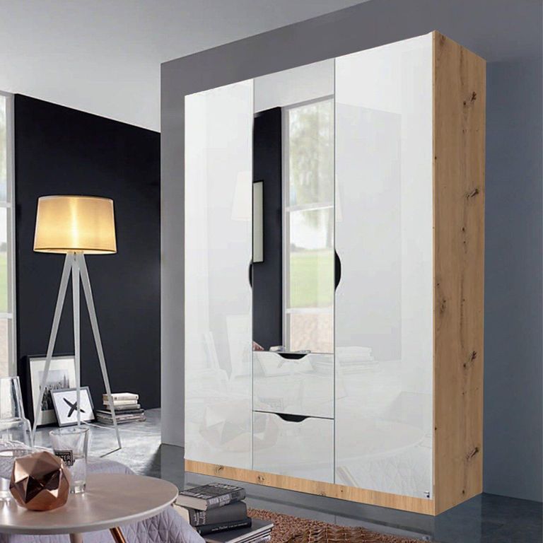Arnstein Wardrobe - 136cm - 3 Door - Combi - Artisan Oak & White High Gloss