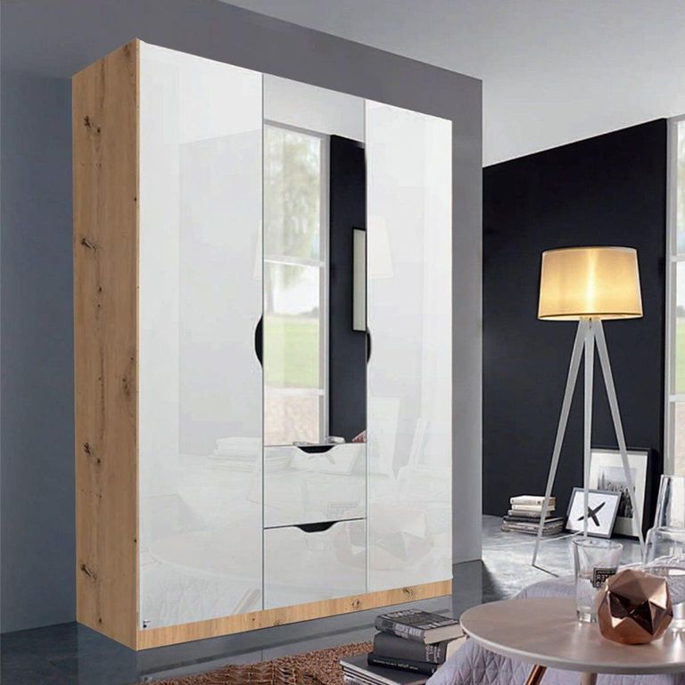 Arnstein Wardrobe - 136cm - 3 Door - Combi - Artisan Oak & White High Gloss