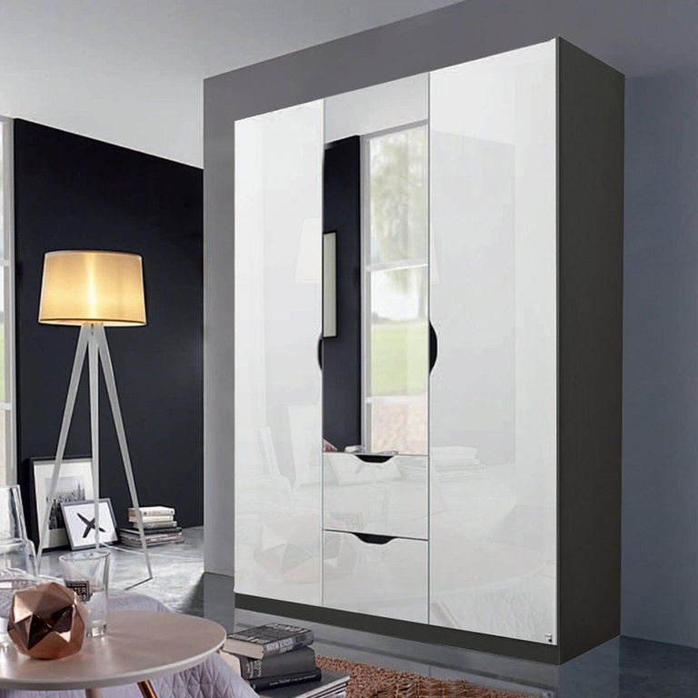 Arnstein Wardrobe - 136cm - 3 Door - Combi - Metallic Dark Grey & White High Gloss