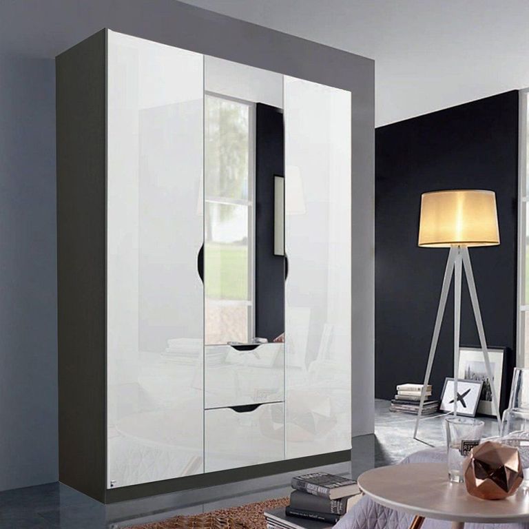 Arnstein Wardrobe - 136cm - 3 Door - Combi - Metallic Dark Grey & White High Gloss