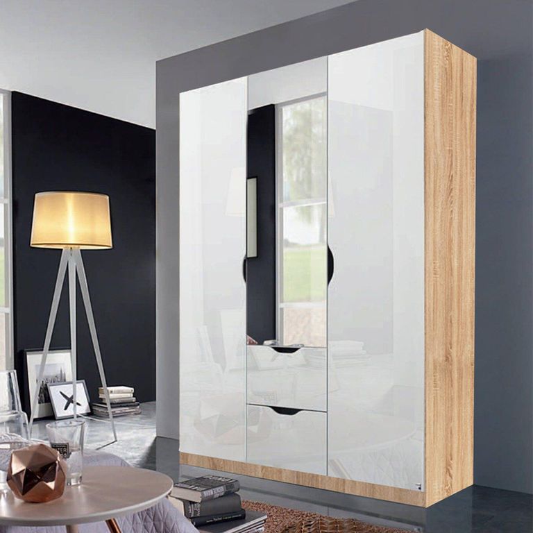 Arnstein Wardrobe - 136cm - 3 Door - Combi - Sonoma Oak & White High Gloss