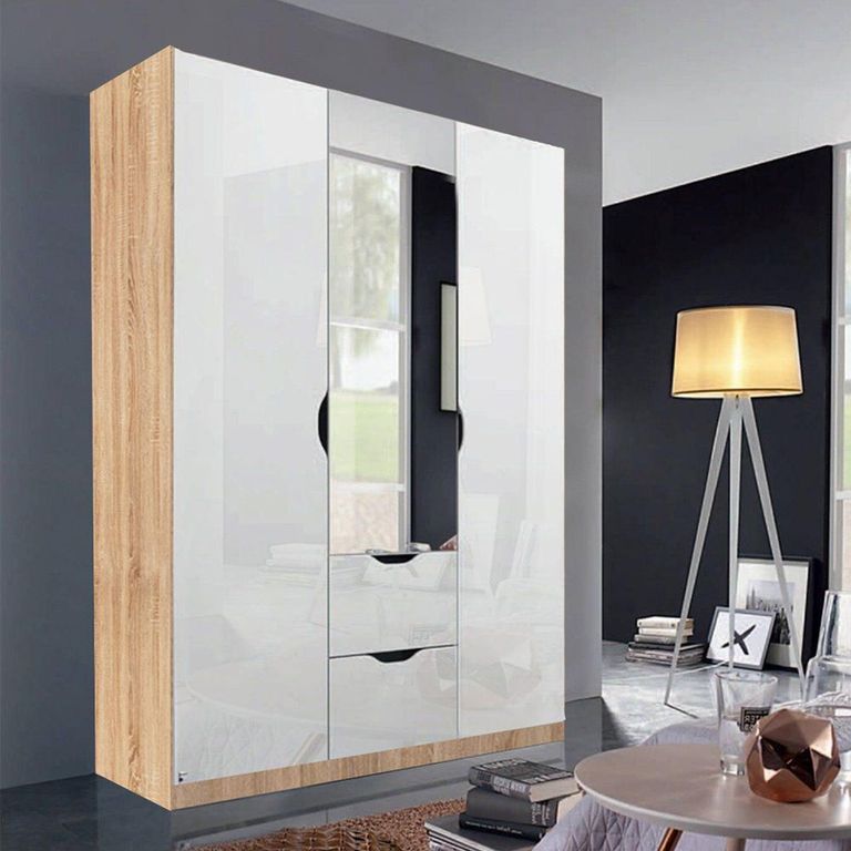 Arnstein Wardrobe - 136cm - 3 Door - Combi - Sonoma Oak & White High Gloss