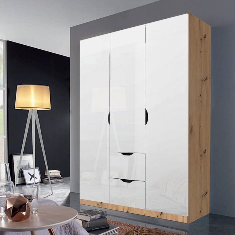 Arnstein Wardrobe - 136cm - 3 Door - 2 Drawer - Artisan Oak & White High Gloss