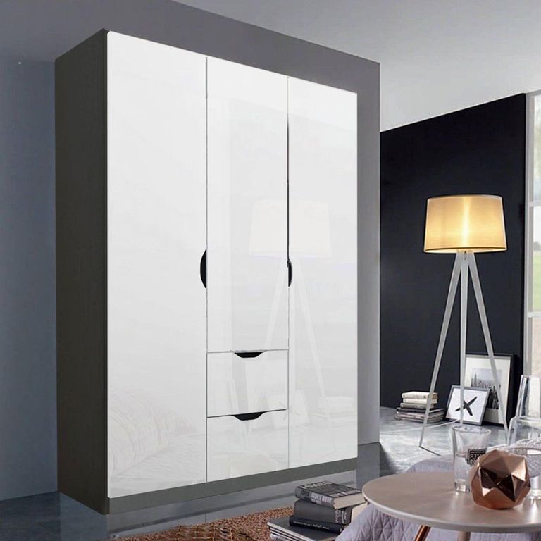 Arnstein Wardrobe - 136cm - 3 Door - 2 Drawer - Metallic Dark Grey & White High Gloss