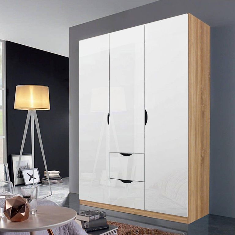 Arnstein Wardrobe - 136cm - 3 Door - 2 Drawer - Sonoma Oak & White High Gloss