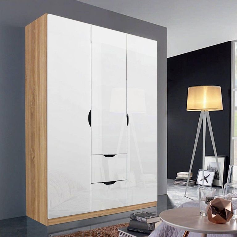 Arnstein Wardrobe - 136cm - 3 Door - 2 Drawer - Sonoma Oak & White High Gloss