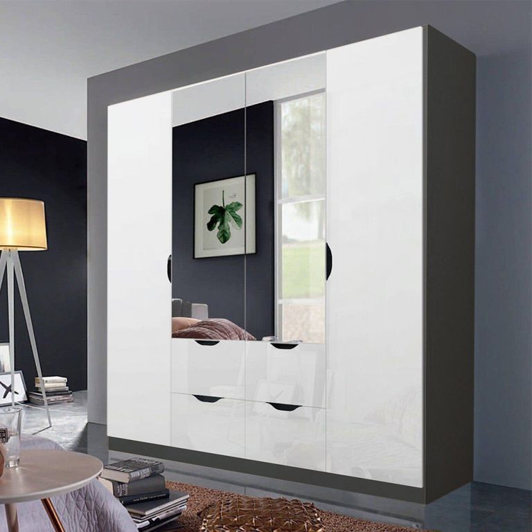 Arnstein Wardrobe - 181cm - 4 Door - Combi - Metallic Dark Grey & White High Gloss