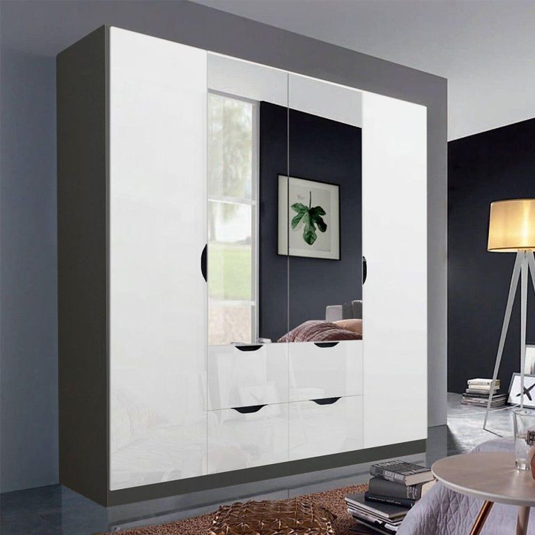 Arnstein Wardrobe - 181cm - 4 Door - Combi - Metallic Dark Grey & White High Gloss