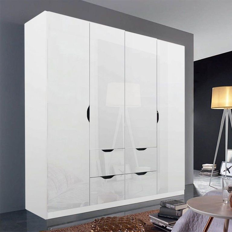 Arnstein Wardrobe - 181cm - 4 Door - 4 Drawer - Alpine White & White High Gloss