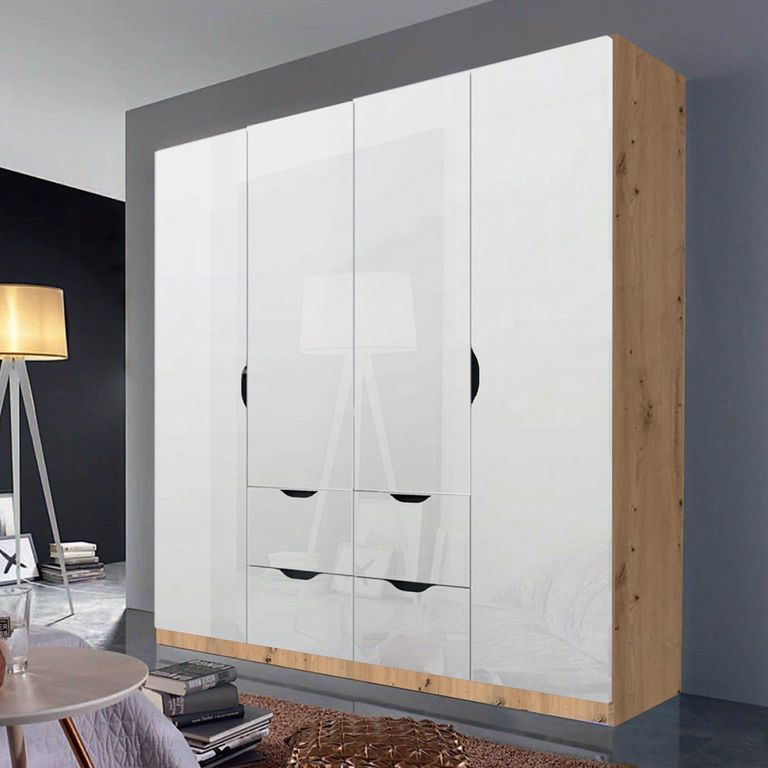 Arnstein Wardrobe - 181cm - 4 Door - 4 Drawer - Artisan Oak & White High Gloss