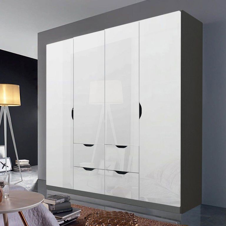 Arnstein Wardrobe - 181cm - 4 Door - 4 Drawer - Metallic Dark Grey & White High Gloss